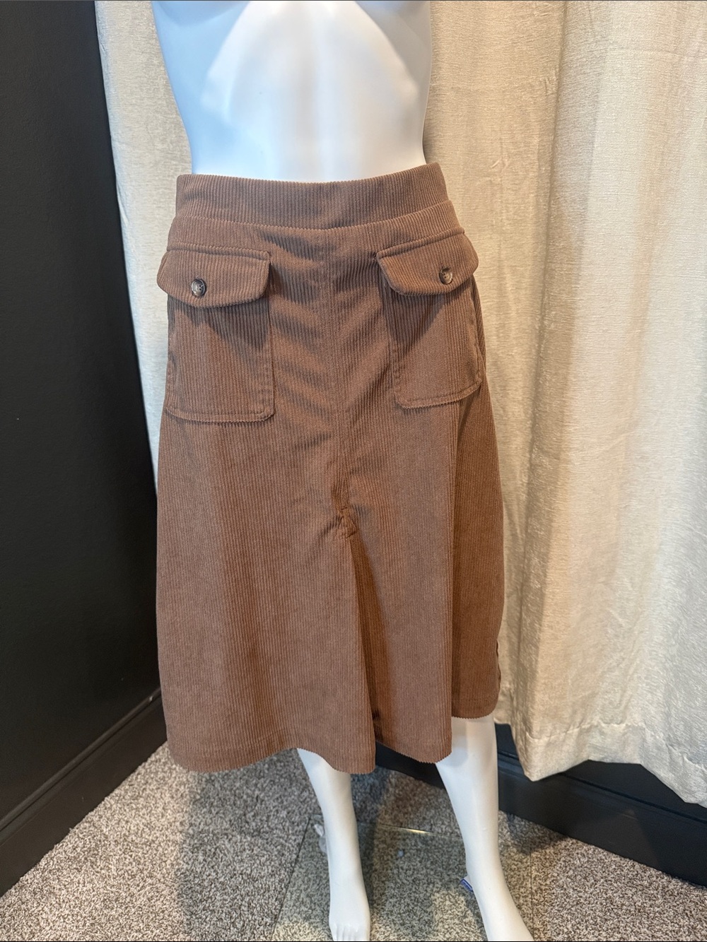 HALARA Brown Corduroy Midi Skirt with Front Flap Pockets